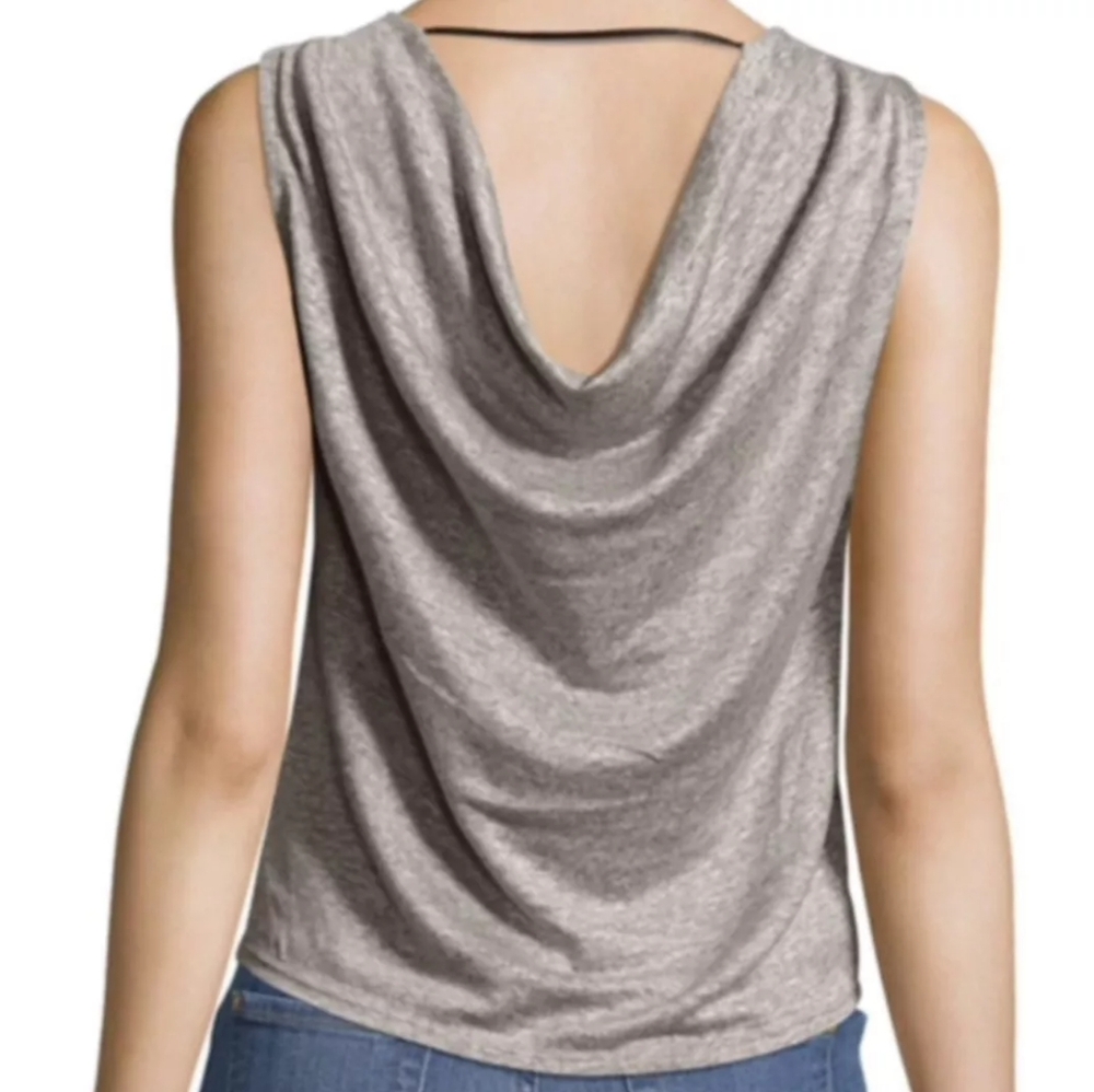 Alice and Olivia Kassie Linen Leather Trim Charcoal Sleeveless Tee XS